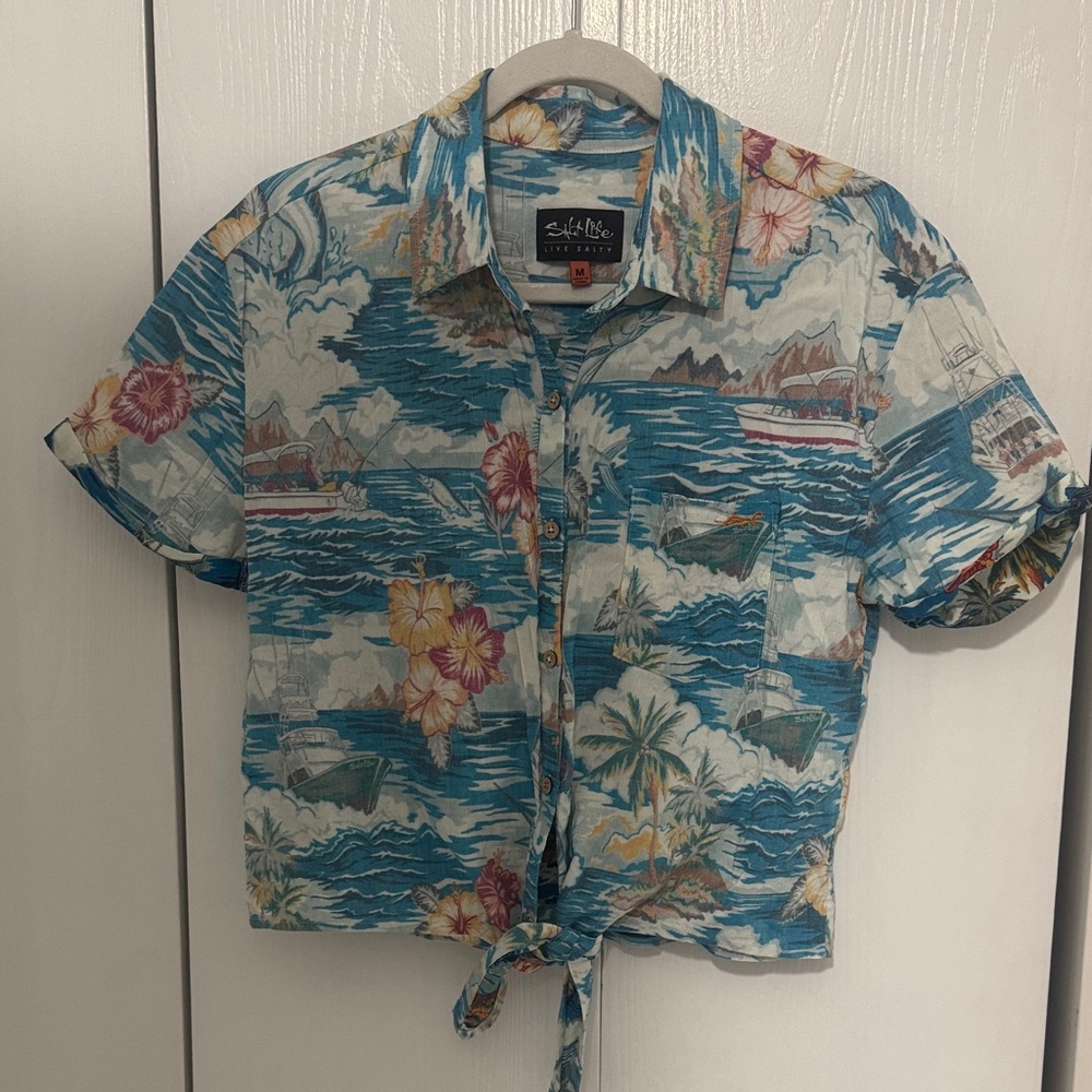 Salt Life Tropical Print Short Sleeve Top with Tie